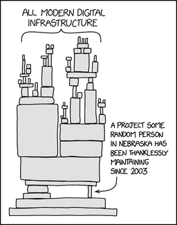 A vaguely stable tower of blocks representing dependencies, a small block keeping the entire thing together is highlighted with the text 'A project some random person in Nebraska has been thanklessly maintaining since 2003'